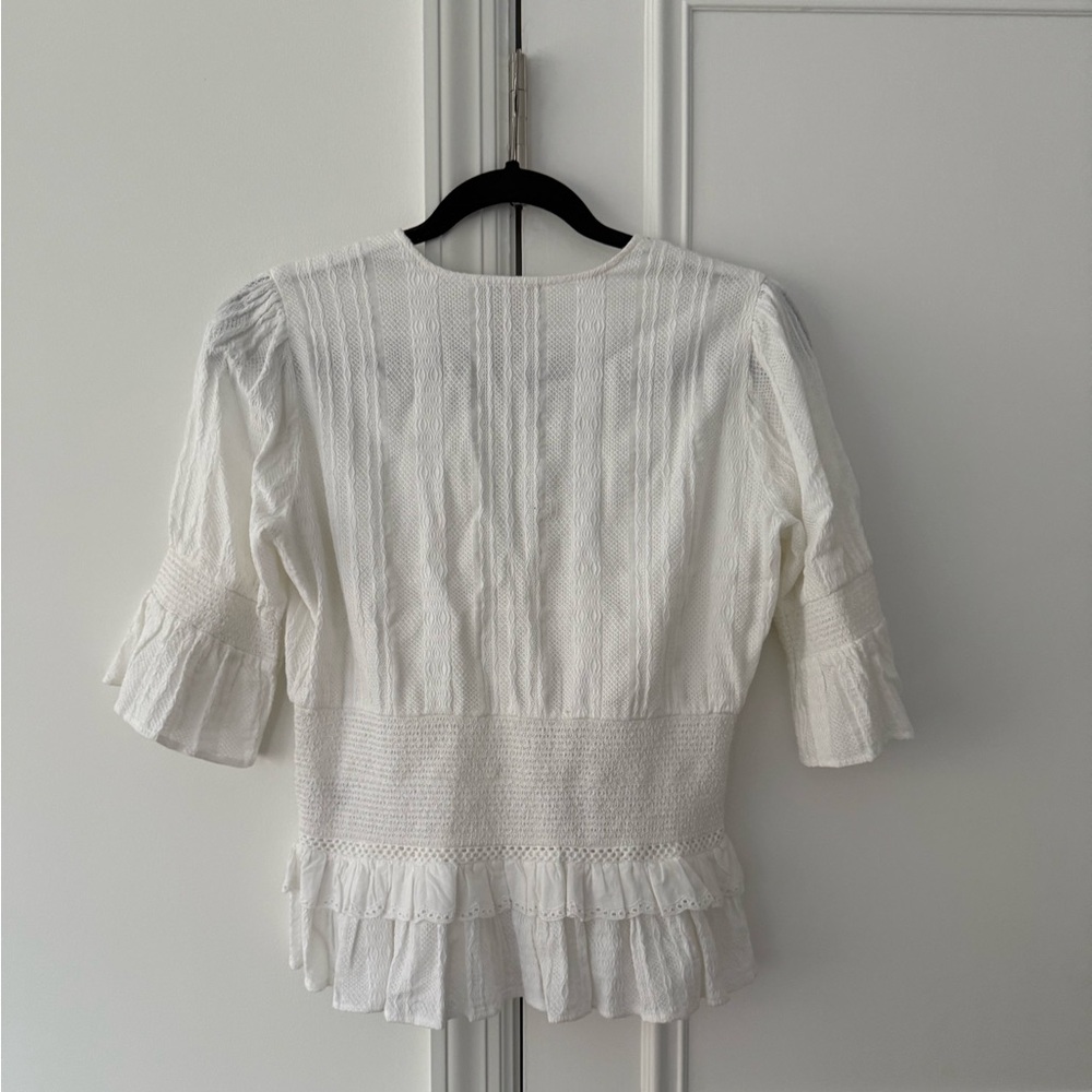 Women's White Ruffled Top with Pearl Buttons - Picture 4 of 5